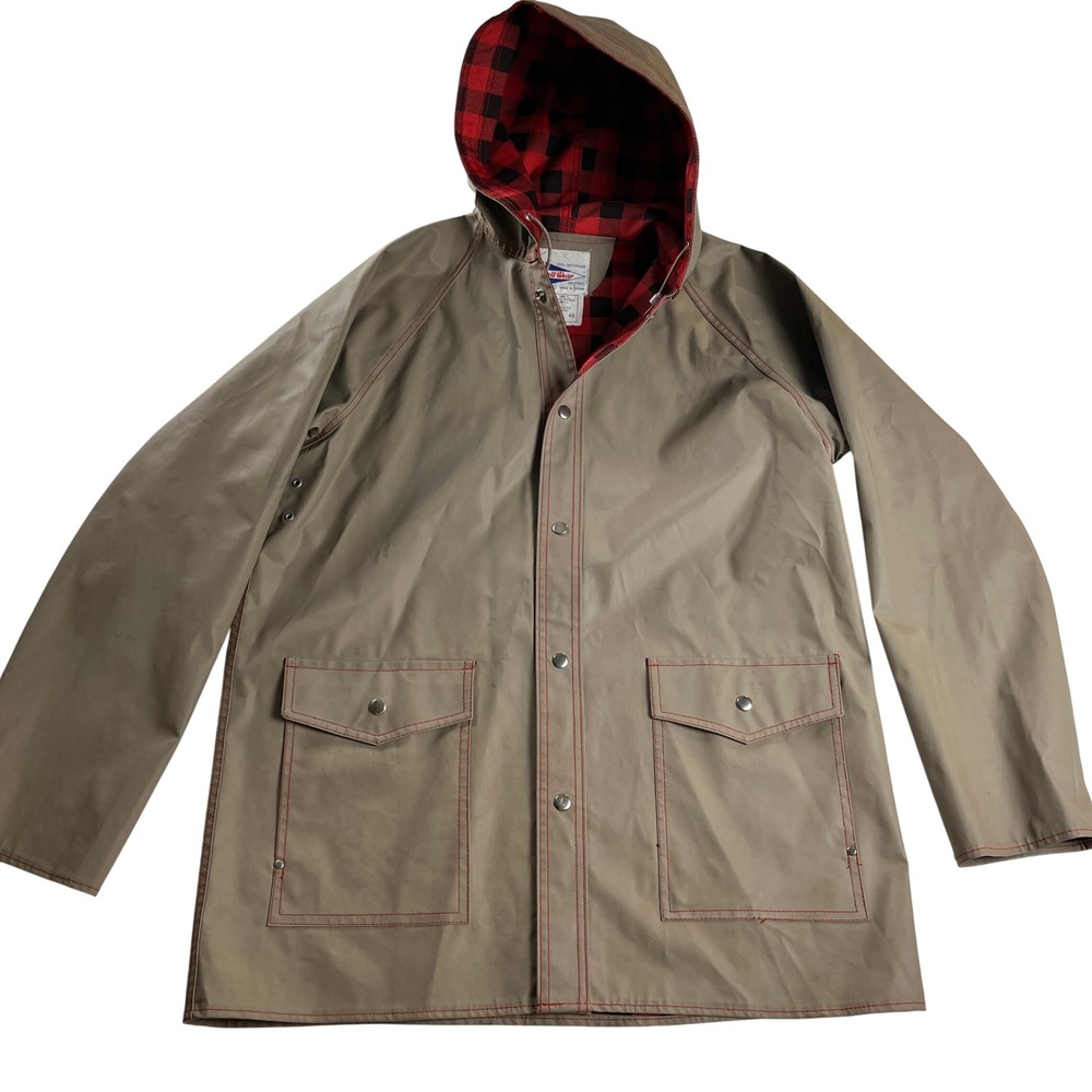 Vintage Swell-Wear Tan Vinyl Raincoat Buffalo Plaid Lined Hooded Slicker Large